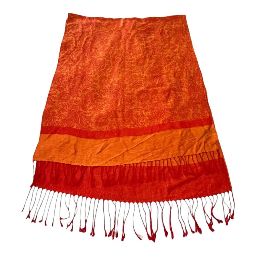 Pashmina Paisley Scarf Shawl Orange Red Fringe Wrap Mid 2000s Boho